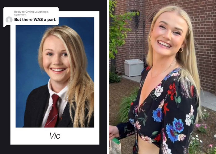 Before and after pics showing how a smiling woman changed or didn’t change since graduating 10 years ago outdoors and in school photo.