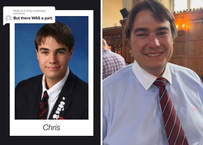 Side-by-side before and after pics showing how Chris changed or didn’t change since graduating 10 years ago