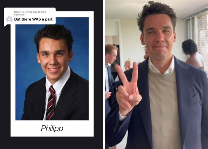 Side-by-side before and after pics of Philipp showing changes over 10 years since graduating.