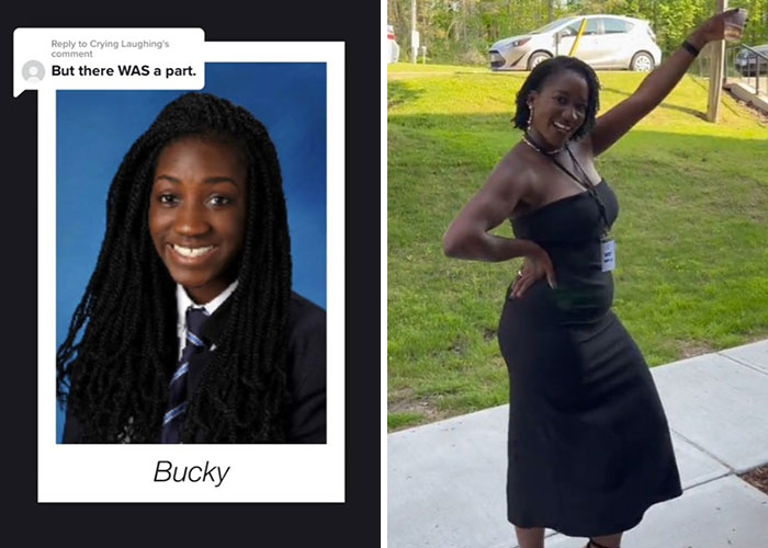 Before and after pics showing how Bucky changed or didn’t change since graduating 10 years ago with smiling confident poses.