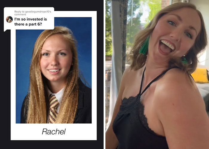 Before and after pics showing how Rachel changed or didn’t change since graduating 10 years ago with a joyful expression.