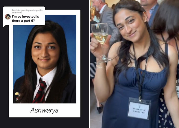 Before and after pics showing Ashwarya’s change since graduating 10 years ago with a happy smile at a reunion event.