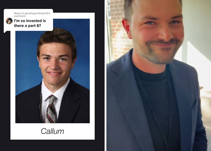Side-by-side before and after pics showing how Callum changed 10 years after graduating with a suit and tie then and blazer now.