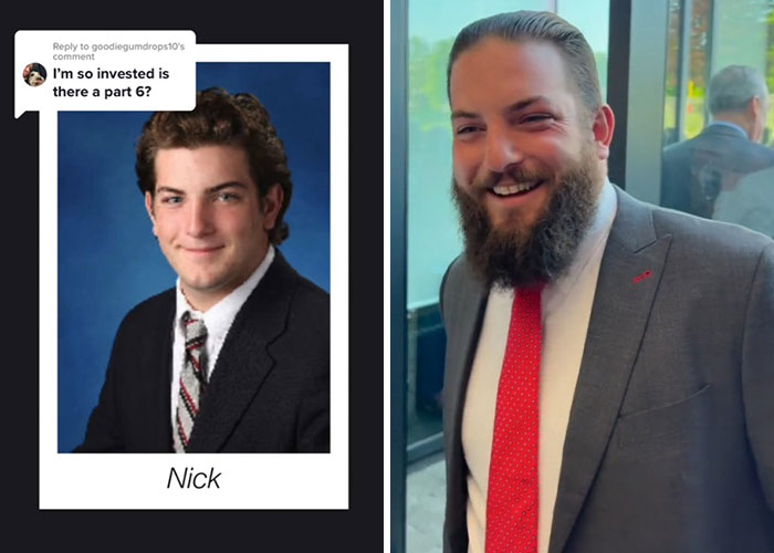 Side-by-side before and after pics showing how Nick changed over 10 years since graduating with a beard and suit.
