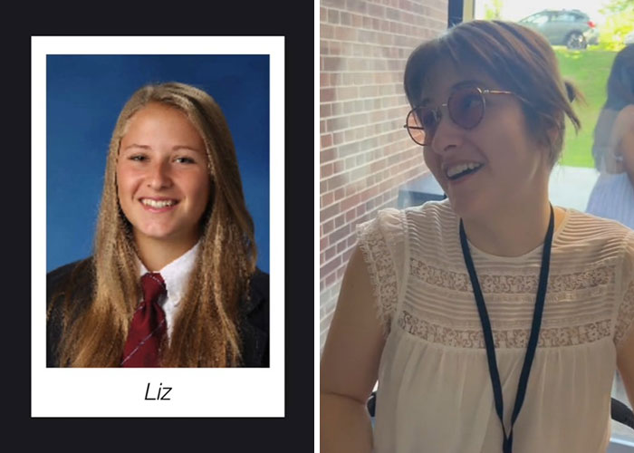 Side-by-side before and after pics showing how Liz changed or didn’t change since graduating 10 years ago.