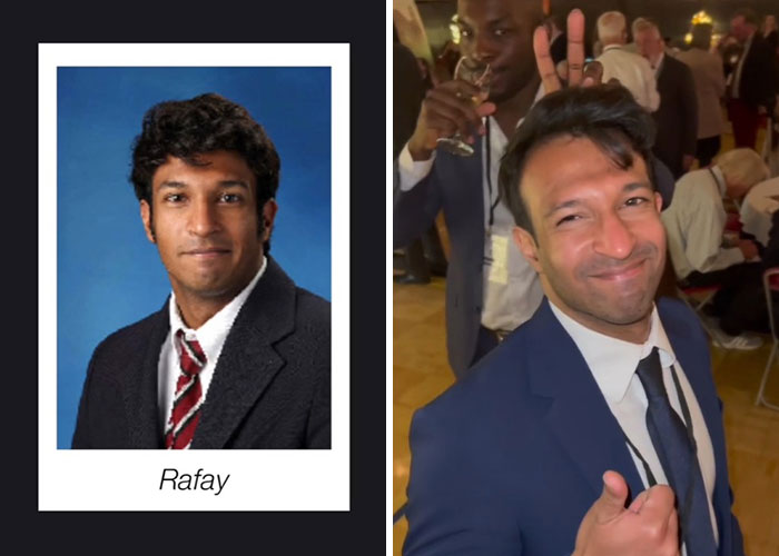 Side-by-side before and after pics showing how Rafay changed over 10 years since graduating.