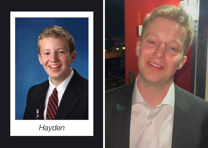 Side-by-side before and after pics showing how Hayden changed or didn’t change since graduating 10 years ago.