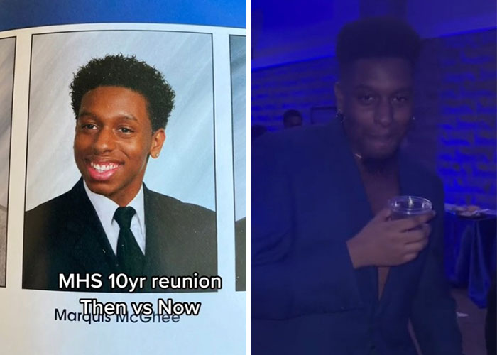 Before and after pics showing how a man changed or didn’t change since graduating 10 years ago at a reunion event.