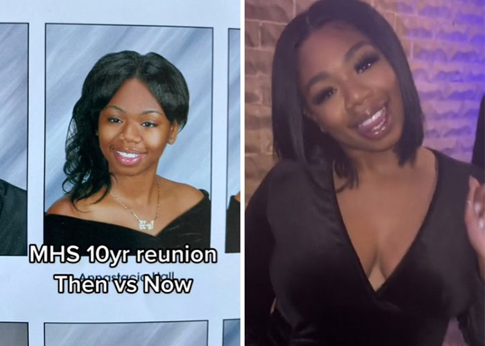 Before and after pics showing how a woman changed or stayed the same since graduating 10 years ago at a reunion event.