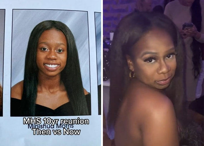 Side-by-side before and after pics showing how a woman changed or didn’t change since graduating 10 years ago.