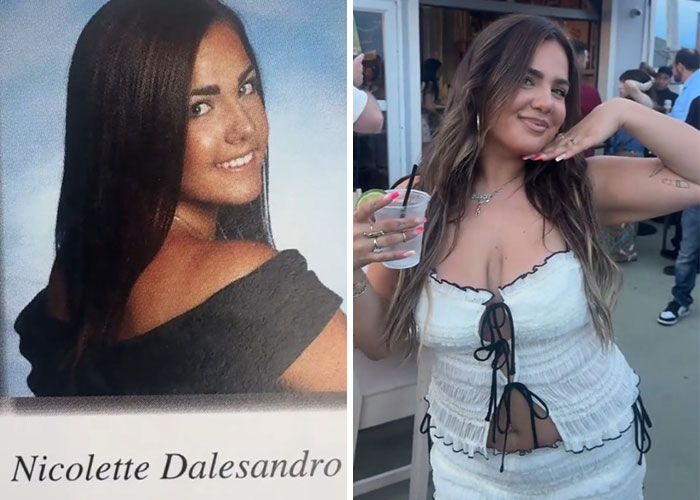 Side-by-side before and after pics showing how a woman changed or didn’t change since graduating 10 years ago