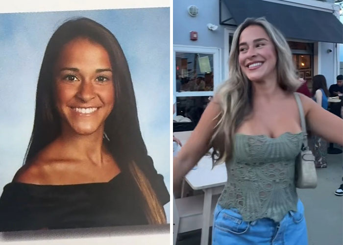 Side by side before and after pics showing how one woman changed since graduating 10 years ago with smiles and casual style.