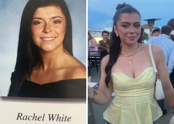 Side-by-side before and after pics showing how a woman changed or didn’t change since graduating 10 years ago.