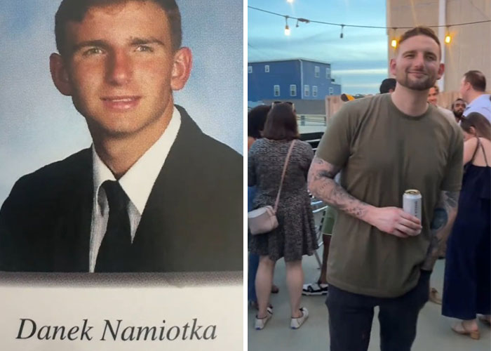 Side-by-side before and after pics showing how a man changed over 10 years since graduating.