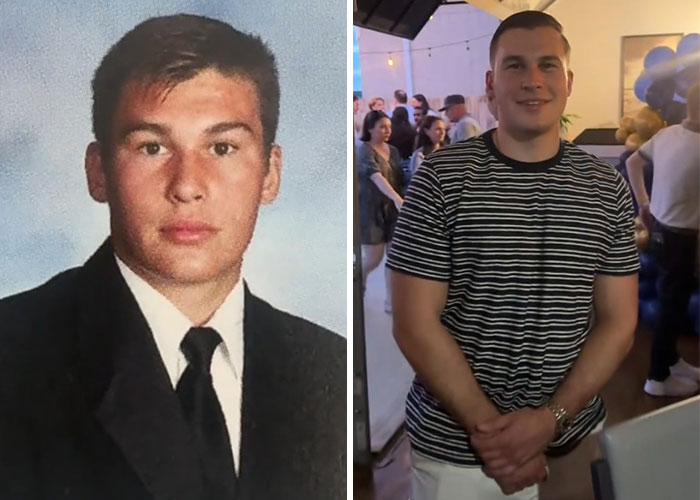 Side-by-side before and after pics showing how a man changed or didn’t change since graduating 10 years ago.
