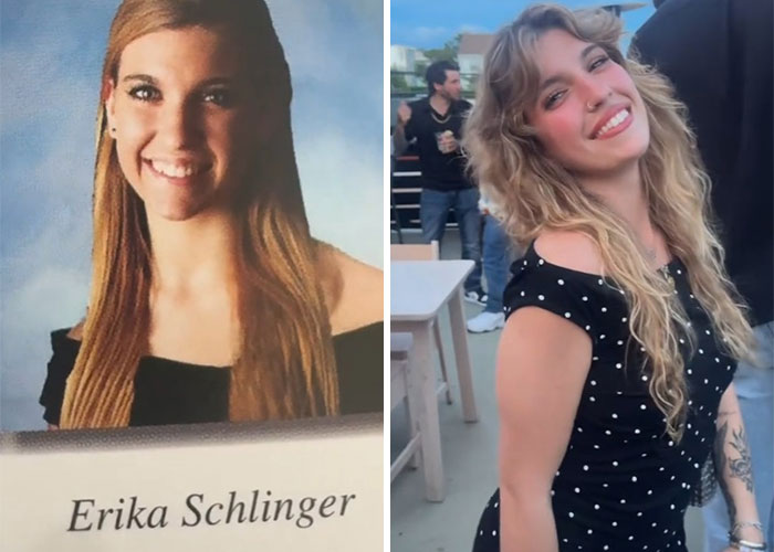 Before and after pics showing how a woman changed or didn’t change since graduating 10 years ago smiling in both photos.