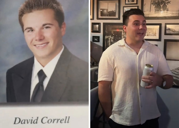 Side-by-side before and after pics showing how a man changed 10 years after graduating.