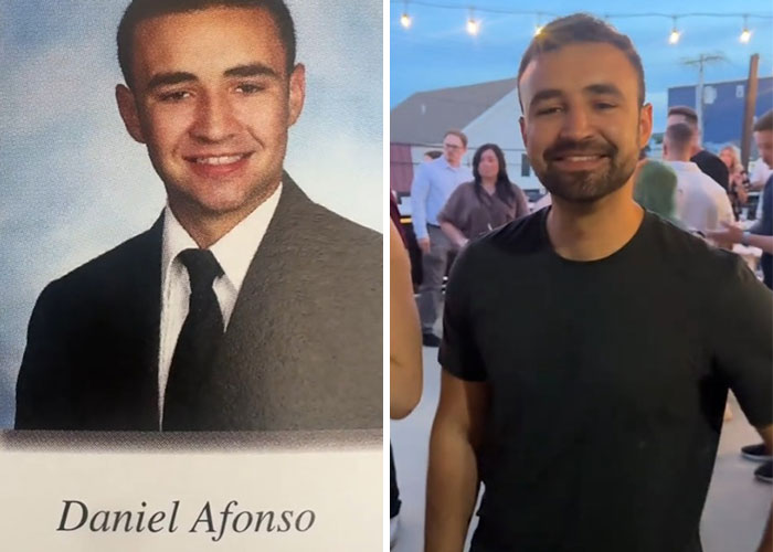Side-by-side before and after pics showing how a man changed or didn’t change since graduating 10 years ago