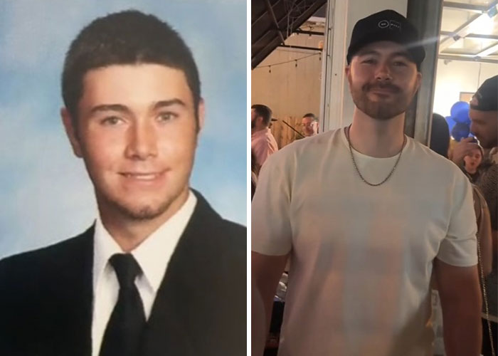 Side-by-side before and after pics showing how a man changed since graduating 10 years ago with casual and formal looks.