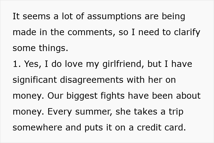 Text excerpt showing a woman and boyfriend’s fight over money and splitting expenses 50/50 before moving in together. Text excerpt showing a woman and boyfriend’s fight over money and splitting expenses 50/50 before moving in together.