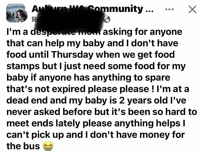 Social media post from single mom asking for food help, highlighting struggles of entitled single moms needing support.