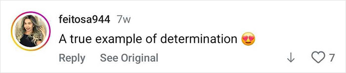 Comment on social media post expressing admiration for a woman's bodybuilding transformation with determination and heart emojis.