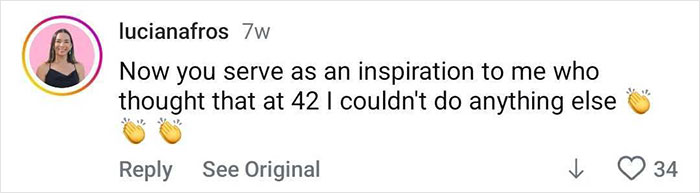 Comment from a woman praising a 42-year-old's inspiration after seeing before-and-after bodybuilding transformation photos.