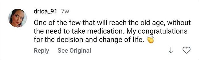 Comment praising a woman's decision and lifestyle change in a discussion about her bodybuilding transformation.