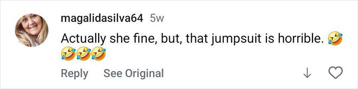 Comment on social media post showing user magalidasilva64 stating she finds the jumpsuit horrible with laughing emojis.