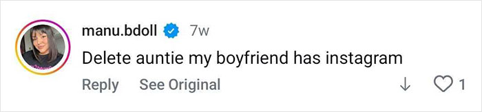 Screenshot of an Instagram comment reading delete auntie my boyfriend has Instagram, related to viral bodybuilding transformation.