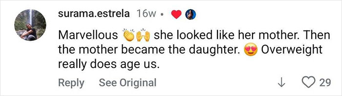 Comment praising a woman&rsquo;s impressive transformation from overweight to fit, highlighting aging effects reversed.