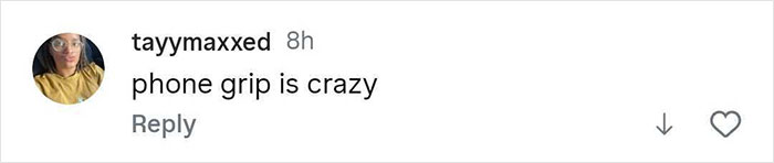 Comment by user tayymaxxed saying phone grip is crazy in a social media post praising Chappell Roan's healthy body.