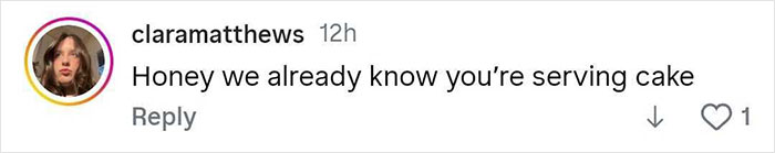Instagram comment by user claramatthews expressing admiration in a casual tone about someone serving cake.