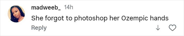 Social media comment mocking Kylie Jenner&rsquo;s appearance, mentioning Ozempic hands in a critical tone.