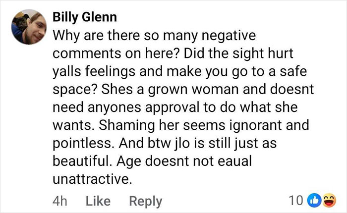 Comment defending Jennifer Lopez after she was slammed for revealing her pubic area during concert, addressing negative reactions.