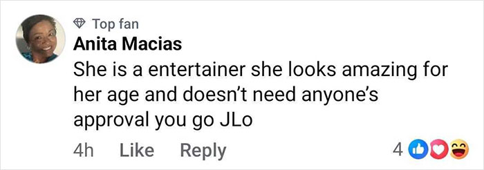 Alt text: Fan praising Jennifer Lopez amid backlash after revealing pubic area during concert in desperate measures controversy.