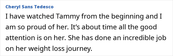 Comment praising 1000-lb Sisters star Tammy for her inspiring weight loss journey and shocking transformation after surgery. Comment praising 1000-lb Sisters star Tammy for her inspiring weight loss journey and shocking transformation after surgery.