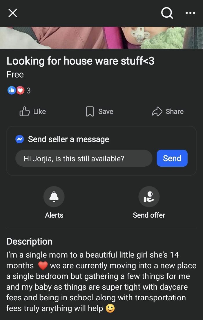 Single mom seeking houseware items to help with moving and managing tight daycare and school expenses.