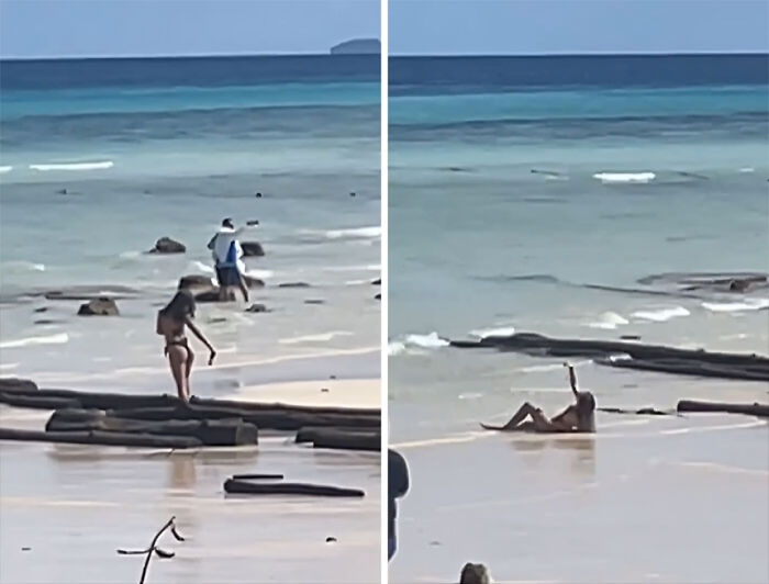 Influencer taking risky actions on the beach for views in unhinged behavior that deserves public shaming.