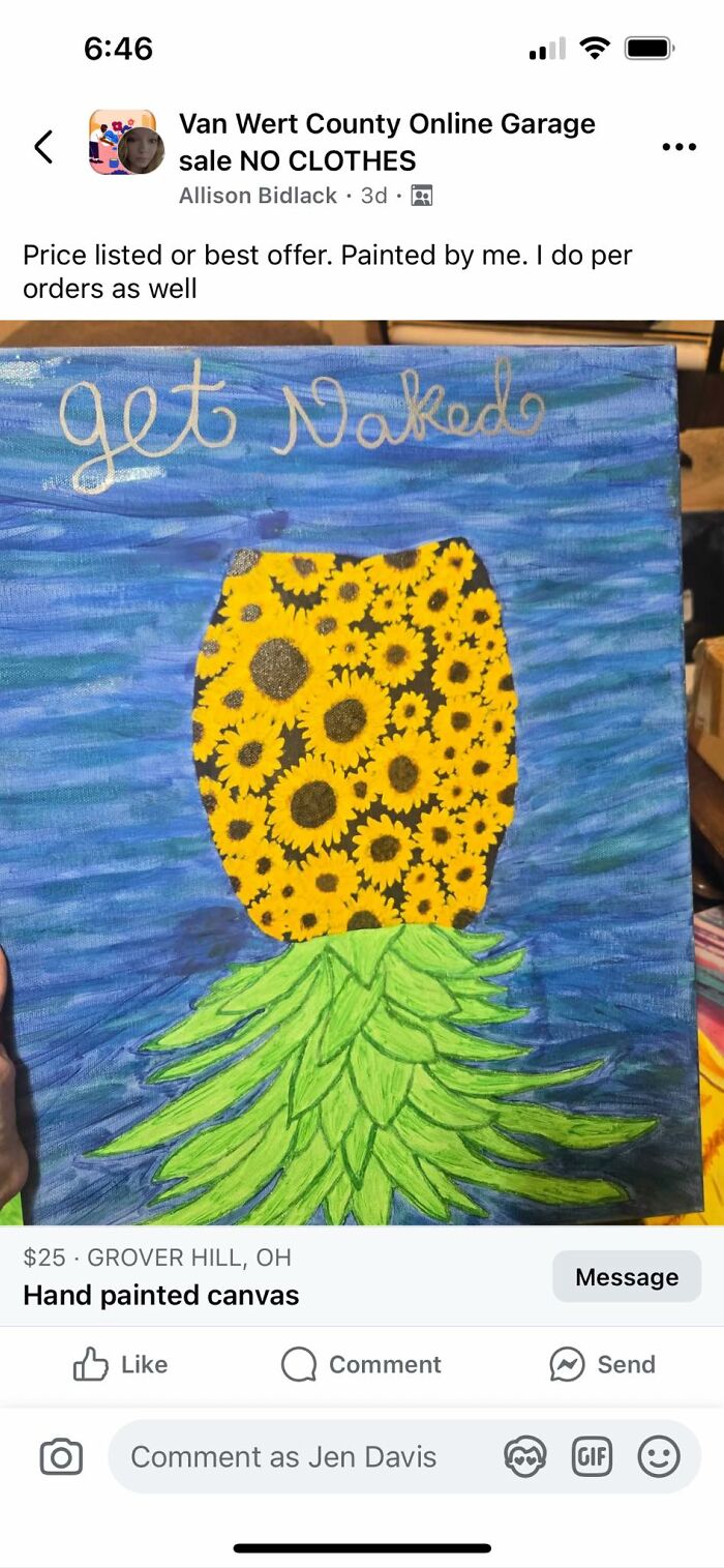 Hand painted canvas with sunflower pattern and green leaves, an example of horrendous DIY projects craft shaming.