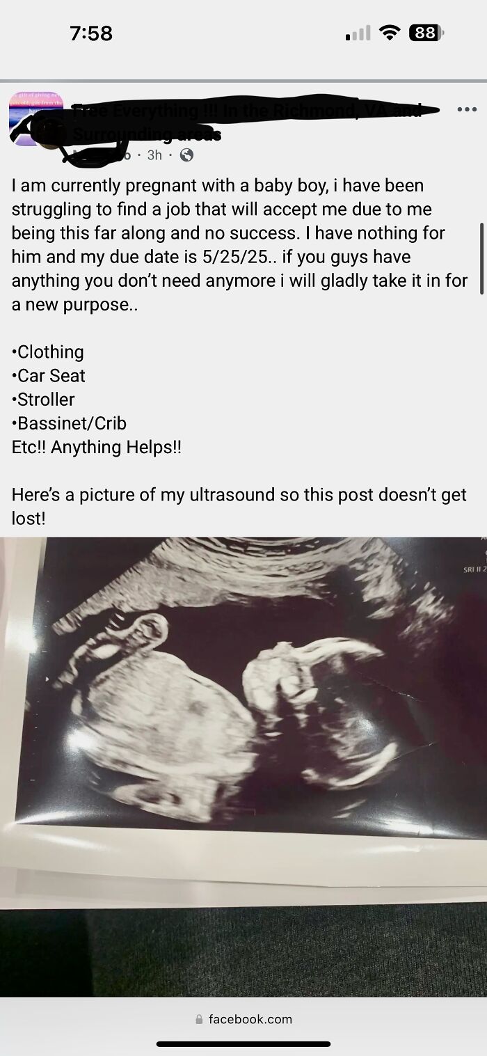 Pregnant single mom shares ultrasound image, asking for baby items and help due to job struggles.