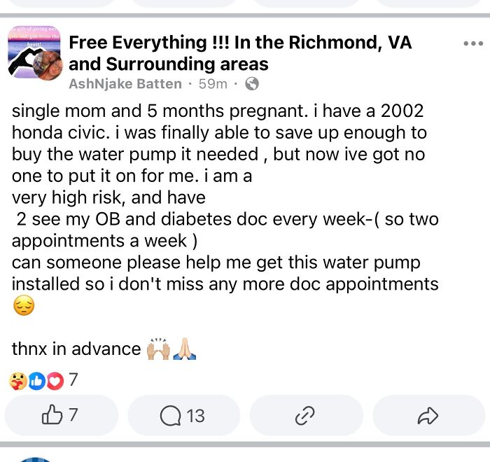 Post from a single mom requesting free help to install a water pump for her car, highlighting entitled single moms.