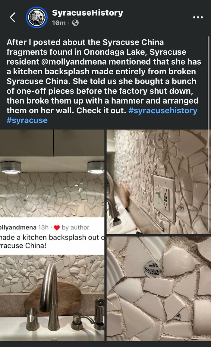 Kitchen backsplash made from broken Syracuse China fragments arranged on wall, showcasing a unique but questionable craft.