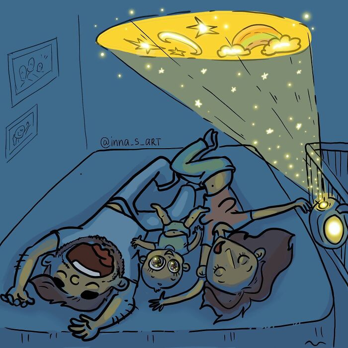 Family lying on bed under a glowing mobile, mom comics artist captures parenthood's chaos in this vibrant illustration