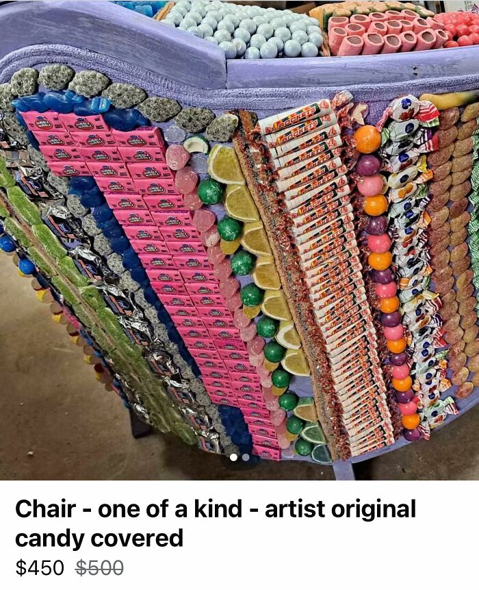 Chair covered in candy pieces showcasing one of the horrible crafts netizens couldn’t help but shame.