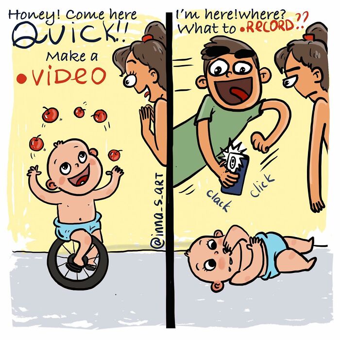 Comic panel by artist behind viral mom comics showing chaotic parenthood moments with a baby and parents capturing video.