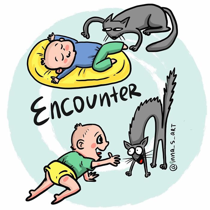 Illustration of a baby and a cat encountering each other, capturing parenthood's chaos in a viral mom comic style.