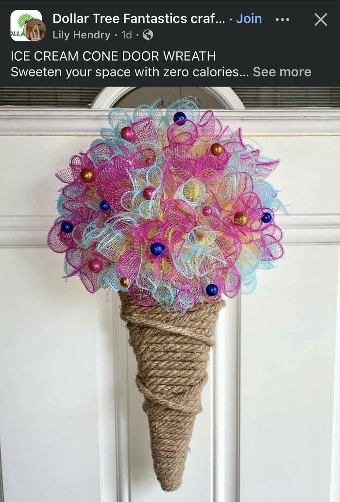 DIY ice cream cone door wreath made with colorful mesh and rope, an example of craft shaming from horrendous projects.