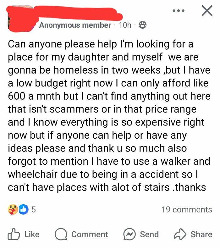 Social media post from a single mom seeking affordable accessible housing under tight budget constraints.