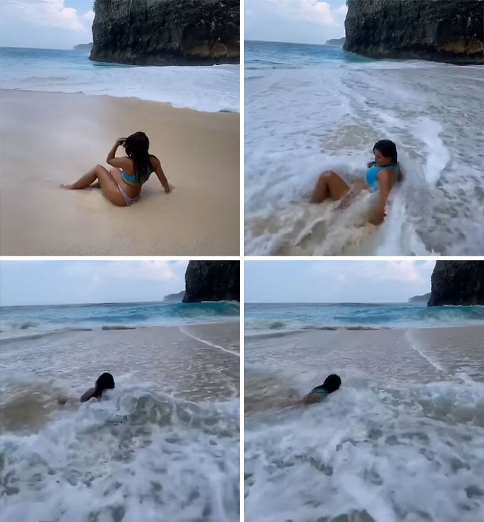Influencer at the beach engaging with waves, showcasing unhinged behavior for views and sparking online controversy.